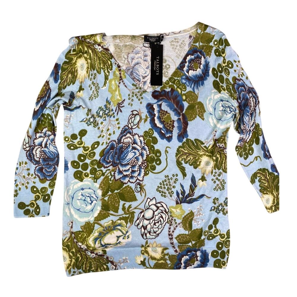NWT Talbots "P" Petites 3/4 Length V-neck Sleeve Floral Print  Light Sweater